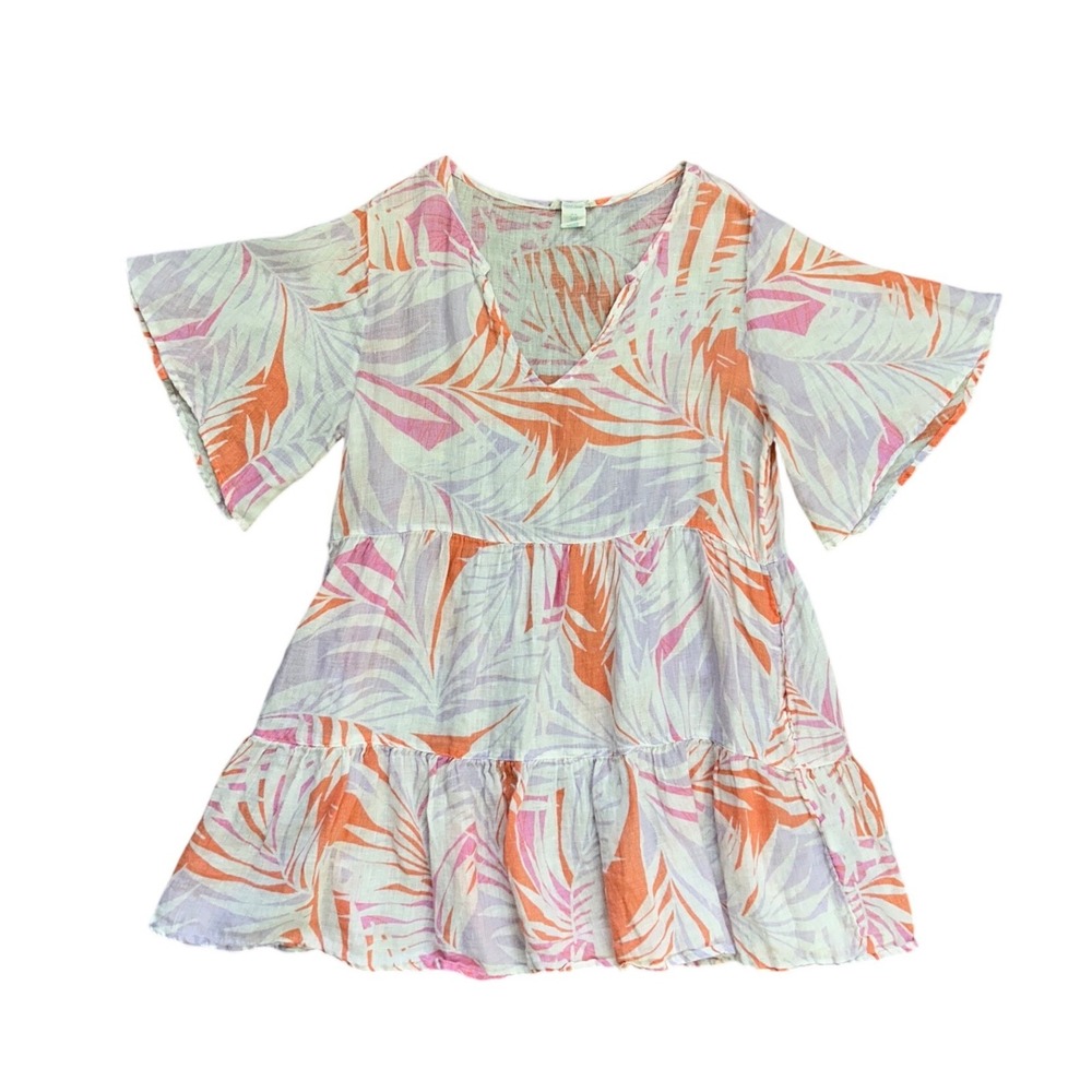 Cynthia Rowley 100% Linen Tropical Palm Print Tiered Mini Dress coastal resort M